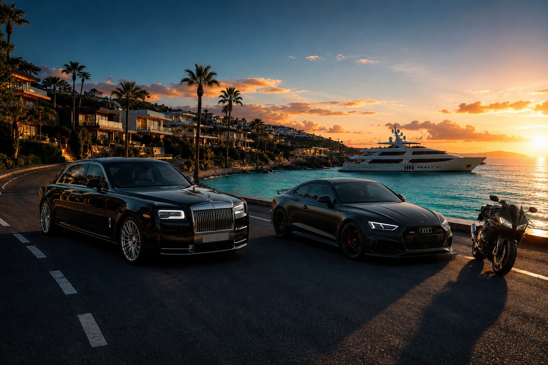 Location premium — côte, yacht et véhicules de luxe au coucher du soleil